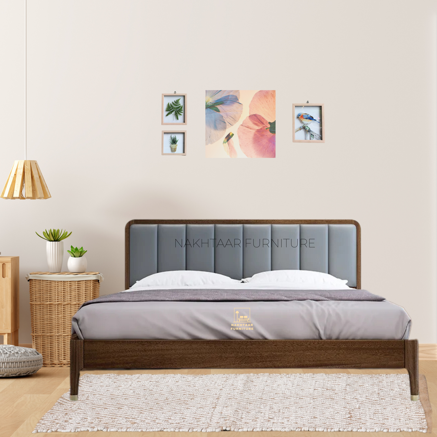 Elegant Wooden Bed Frame with Padded Headboard