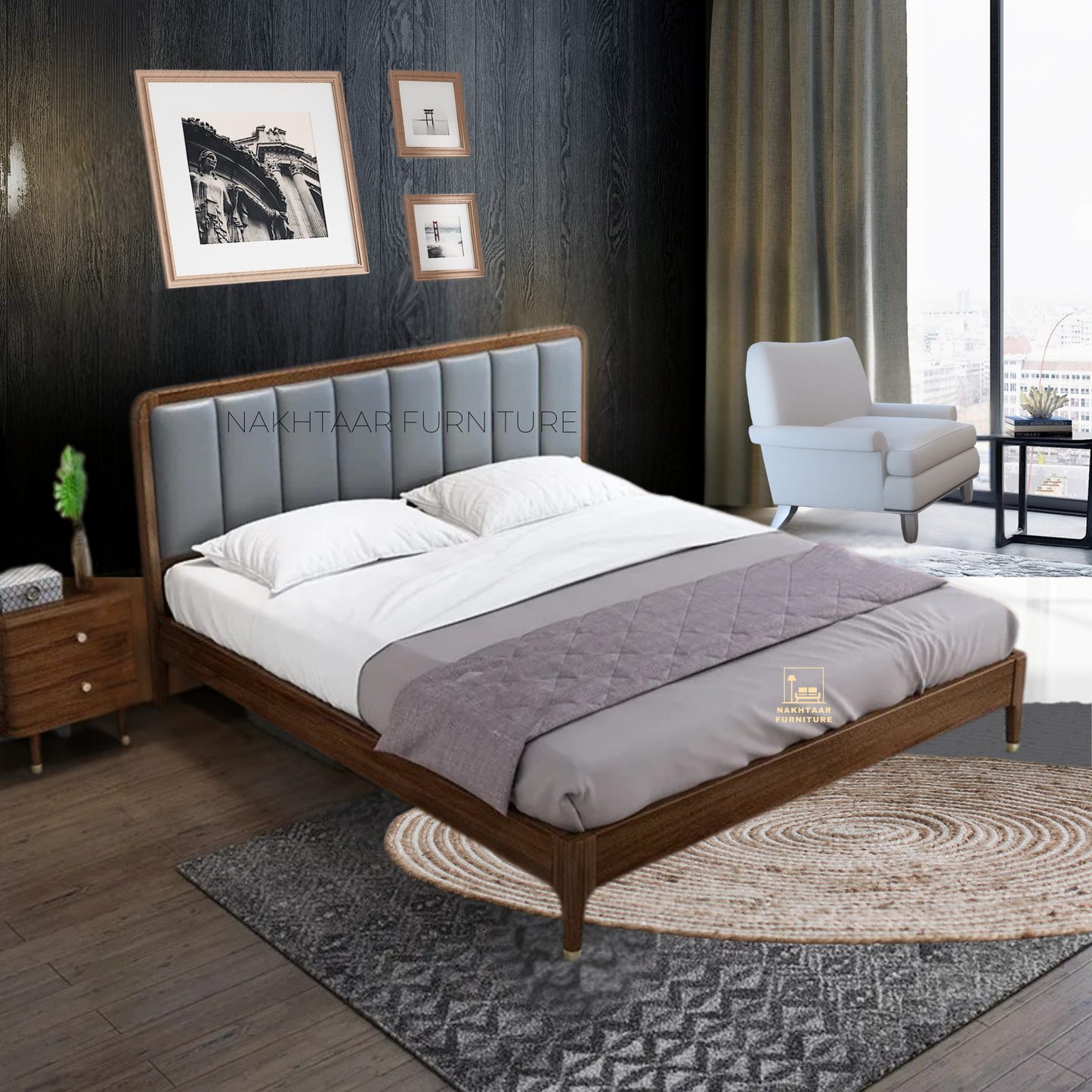 Elegant Wooden Bed Frame with Padded Headboard