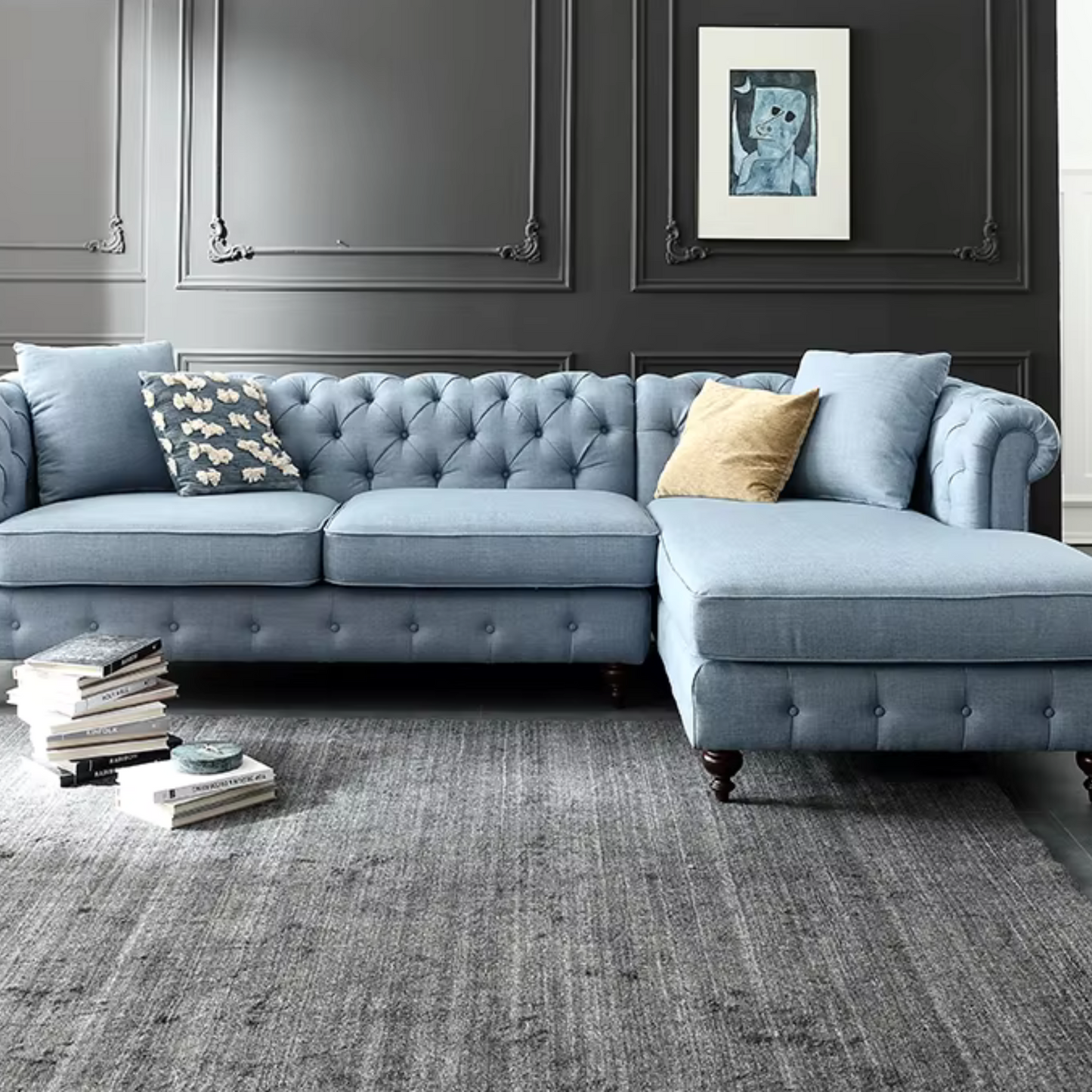 Chic Blue Tufted Sectional Sofa