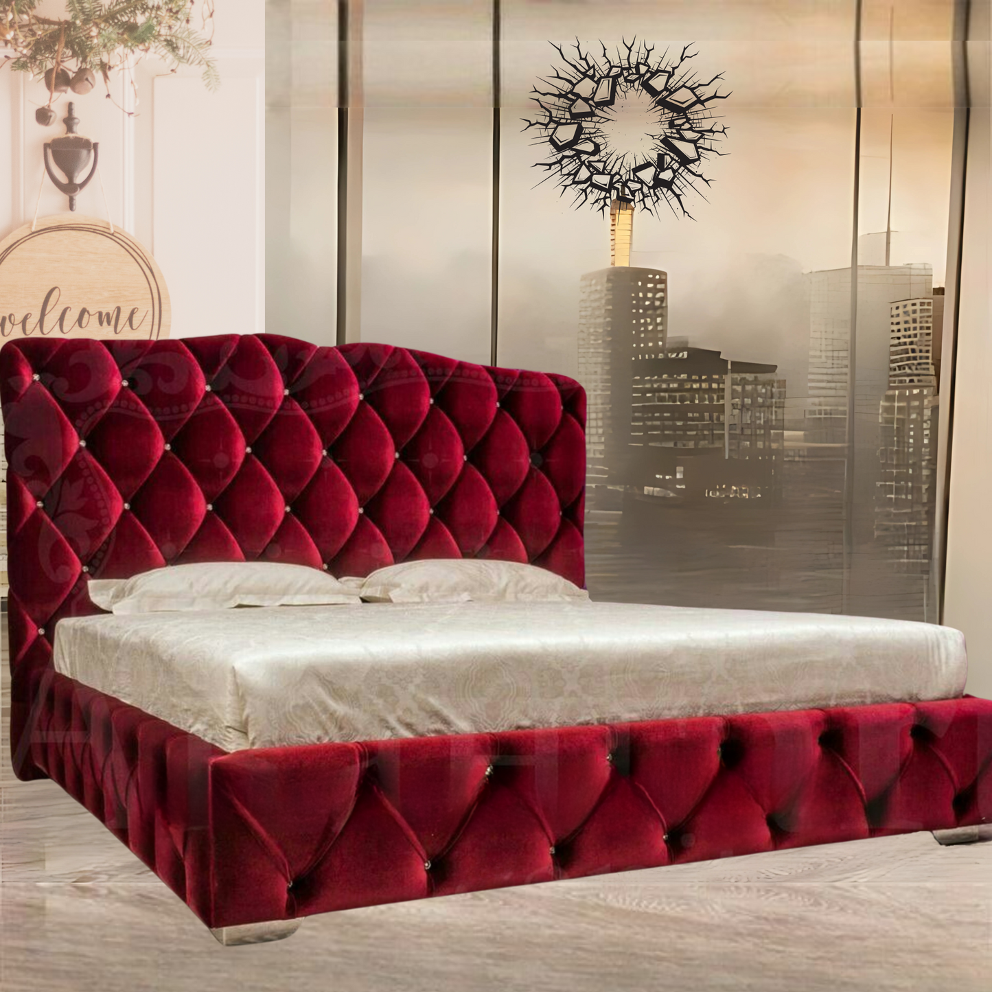 Elegant Red Velvet Bed