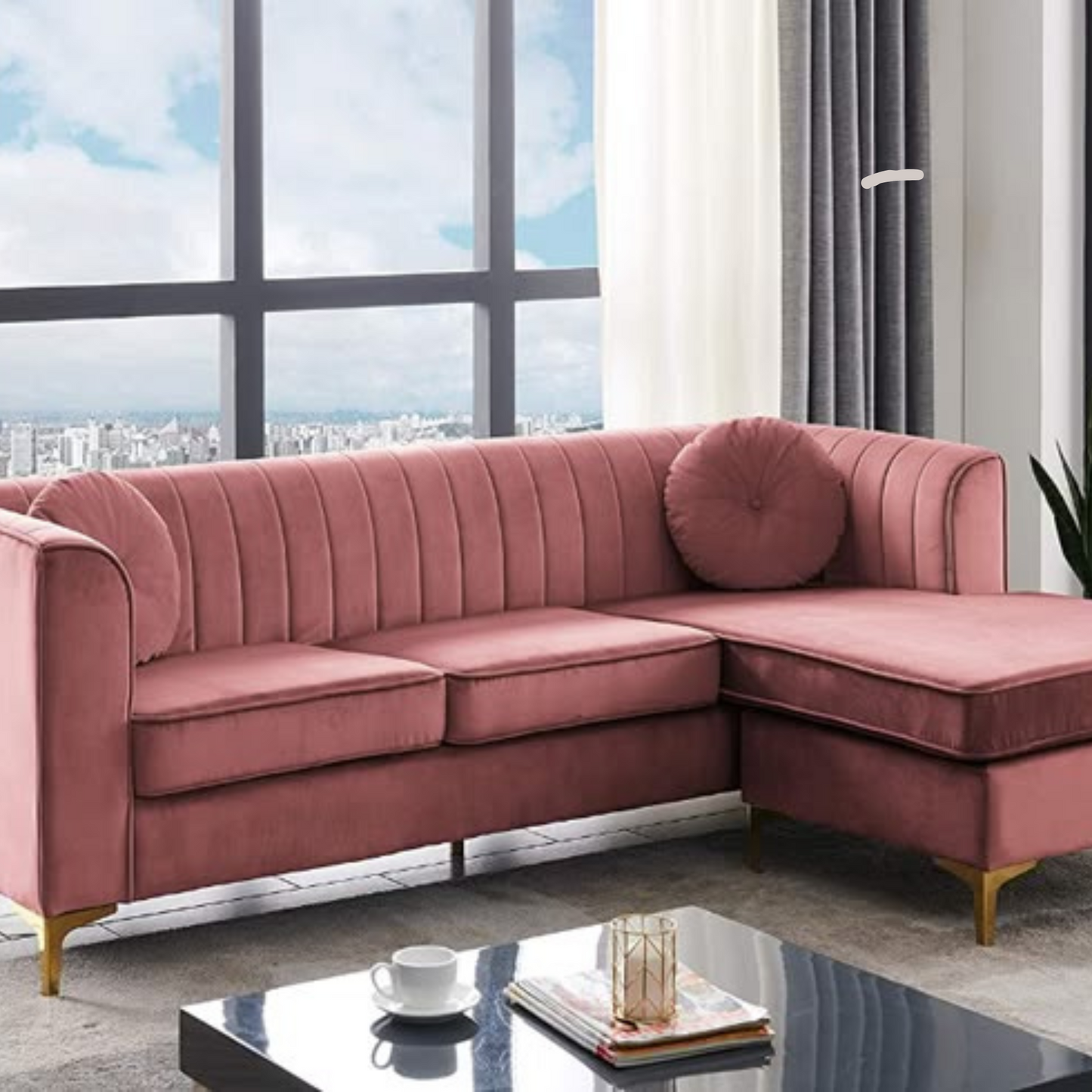 Rose Pink Velvet Sectional Sofa